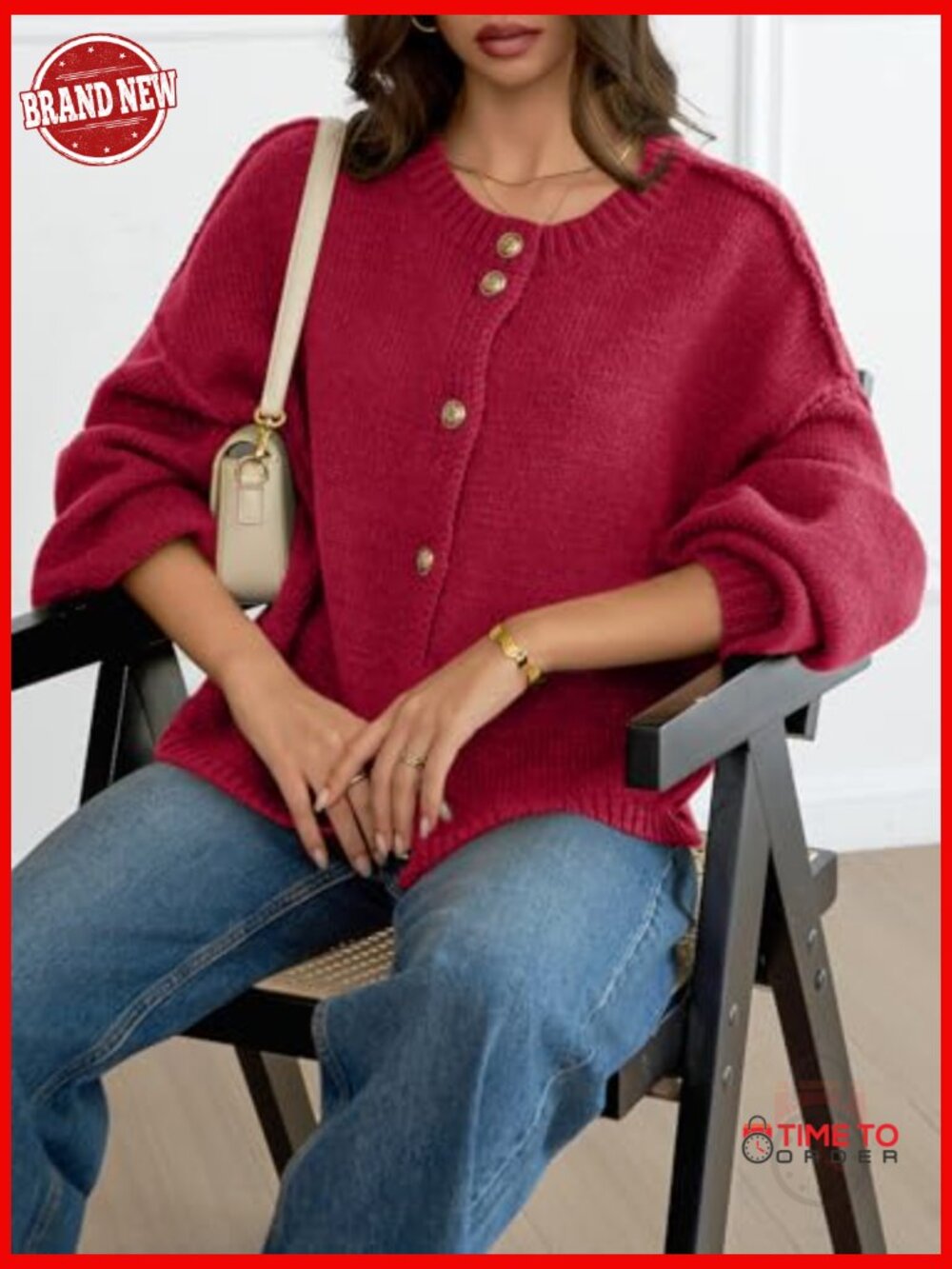 Oversized Chunky Knit Cardigan Button Up Long Lantern Sleeve Fall Winter - Picture 4 of 7
